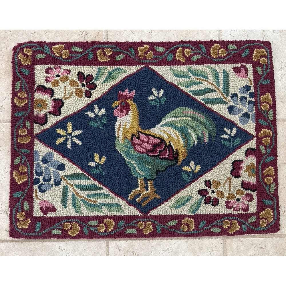 Rooster Wool Hooked Rug Handcrafted Kitchen Kitschy Farmhouse Charles Keath Flaw